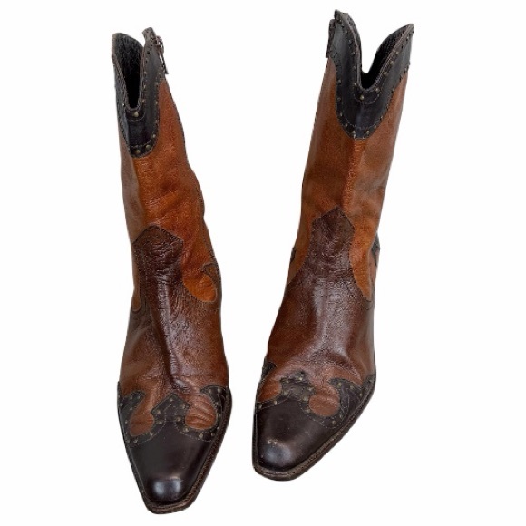 Vintage Stuart Weitzman Western Cowboy Boots Tri-Tone Leather Studded 8.5 - Picture 4 of 11